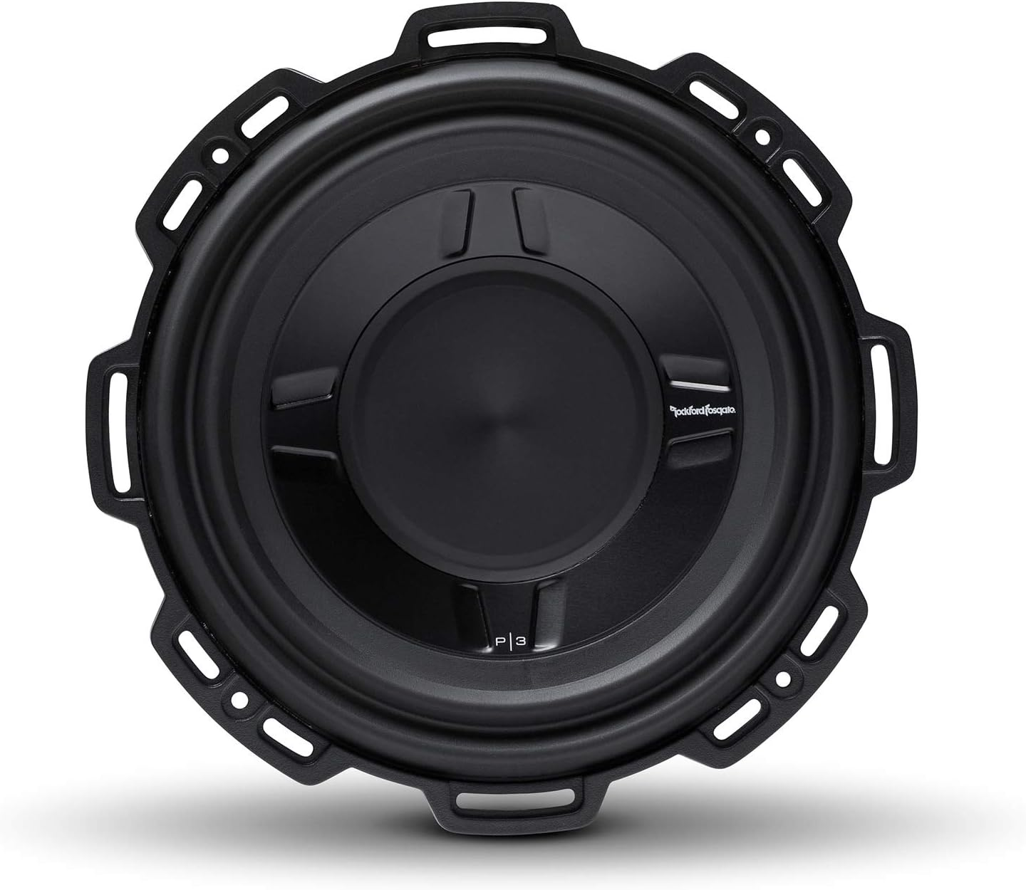 Schwarzer Rockford Fosgate P3 Subwoofer mit silbernem Logo auf weißem Grund.