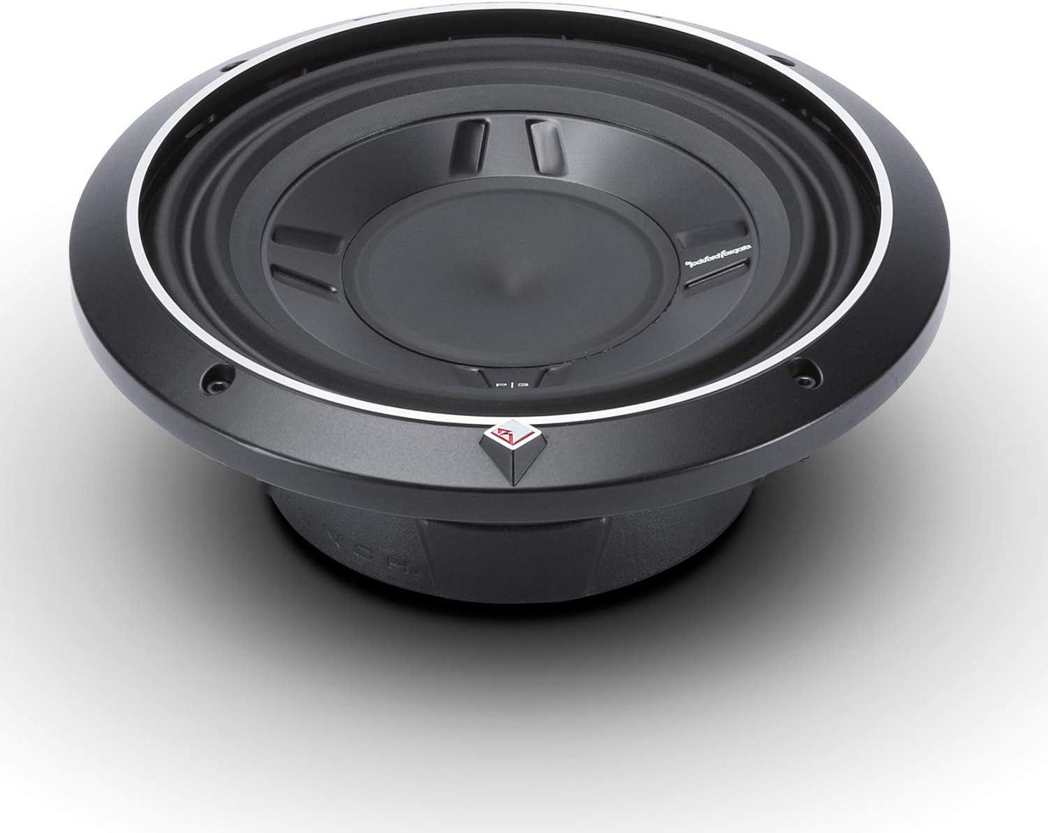 Schwarzer Subwoofer mit silbernem Ring auf weißem Hintergrund.