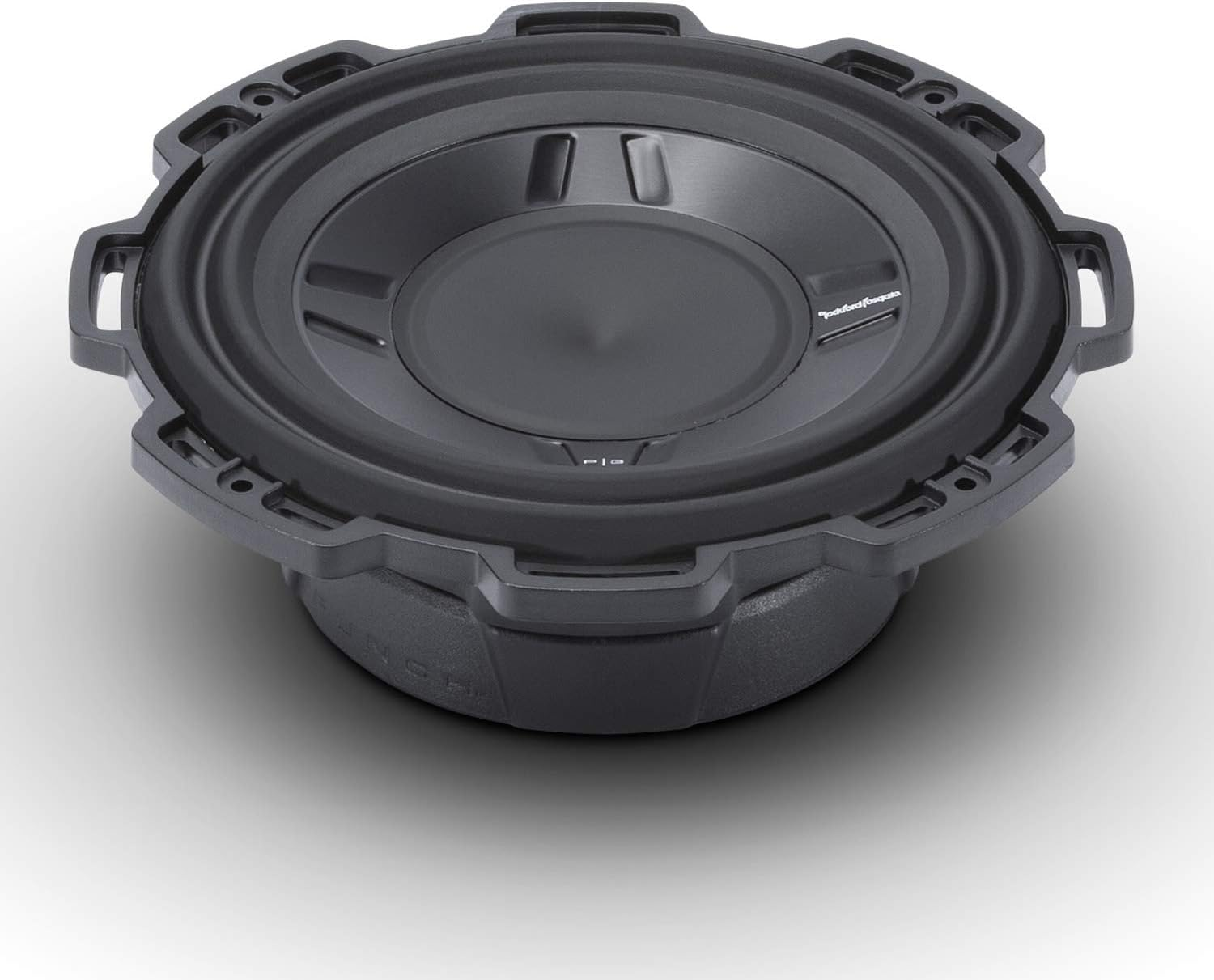 Ein schwarzer Subwoofer mit einem robusten Rahmen und einem Lautsprecher.