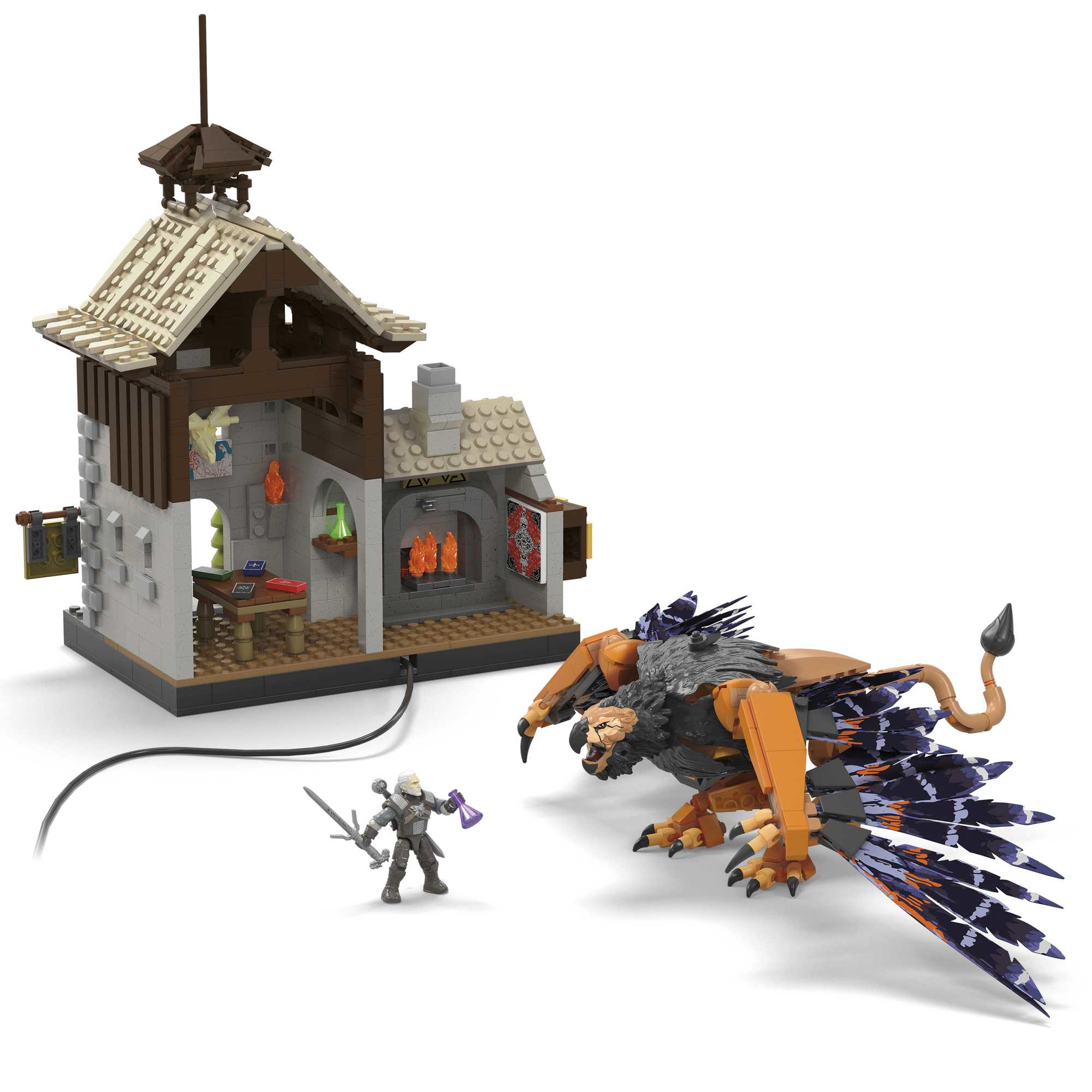 Un chevalier avec épée et potion se tient devant un bâtiment avec un griffon.