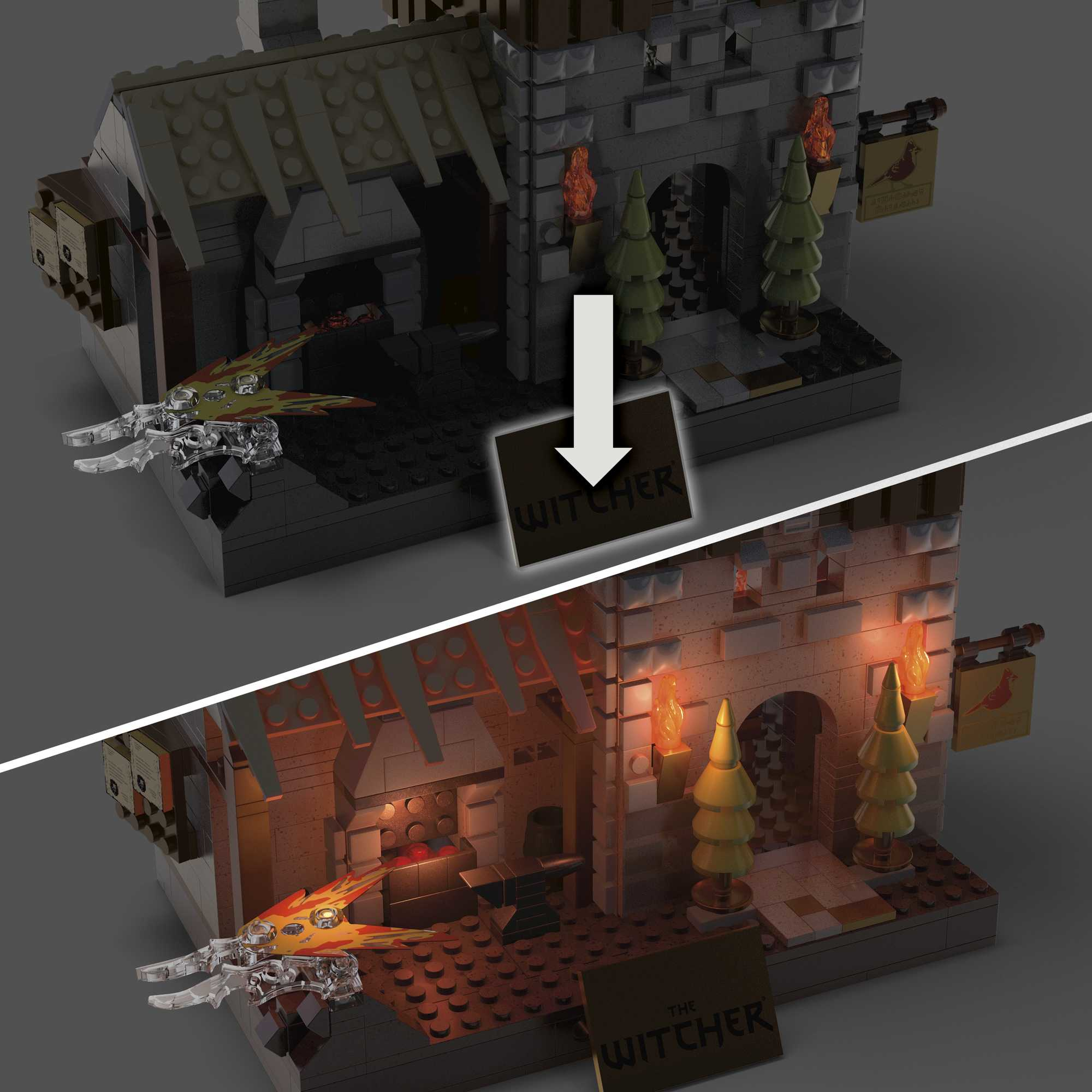 Diorama Lego d'un château avec effets lumineux, présentant une enclume et un feu.