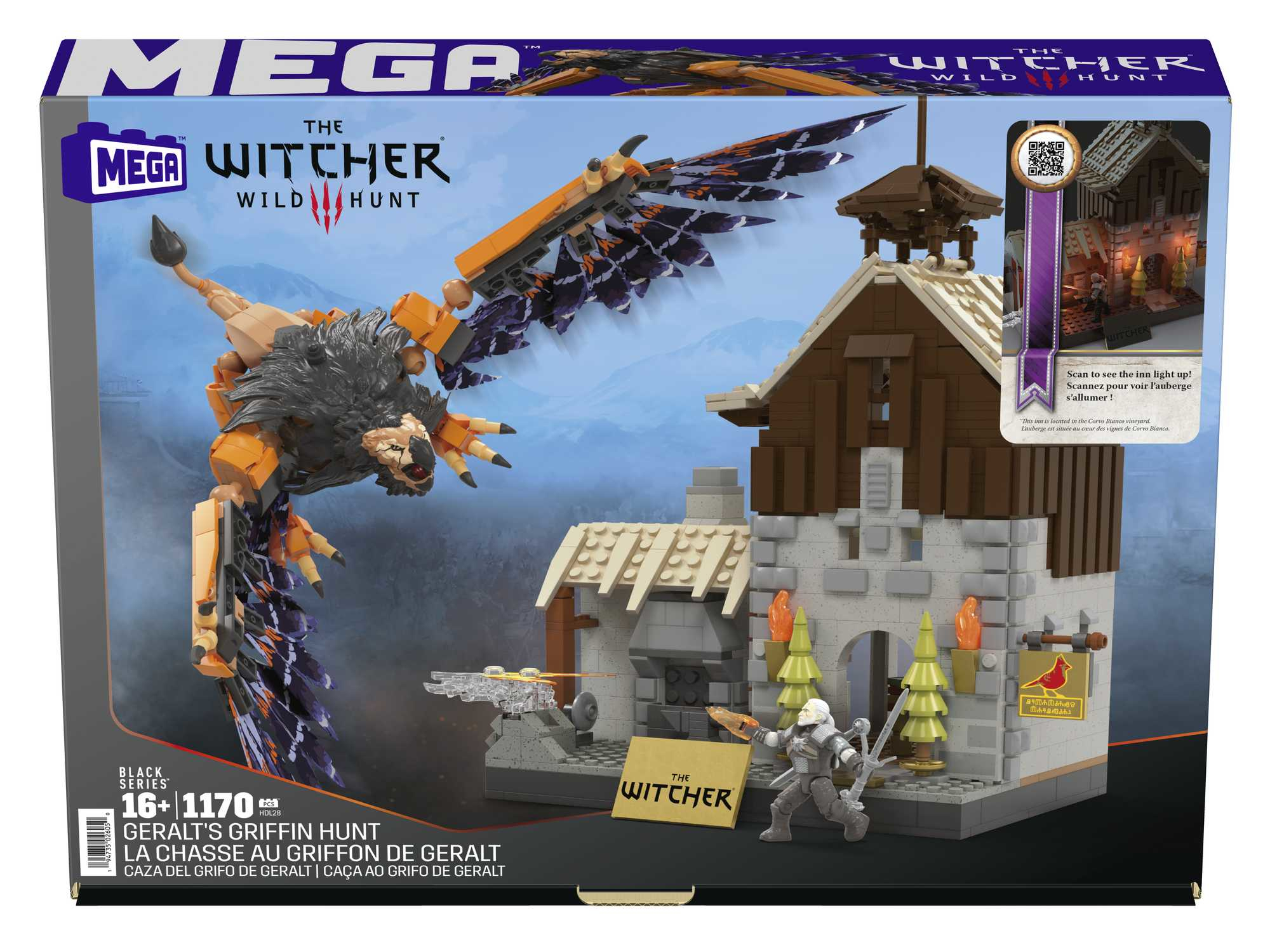 Jeu de construction Mega avec Geralt et un griffon devant un bâtiment.