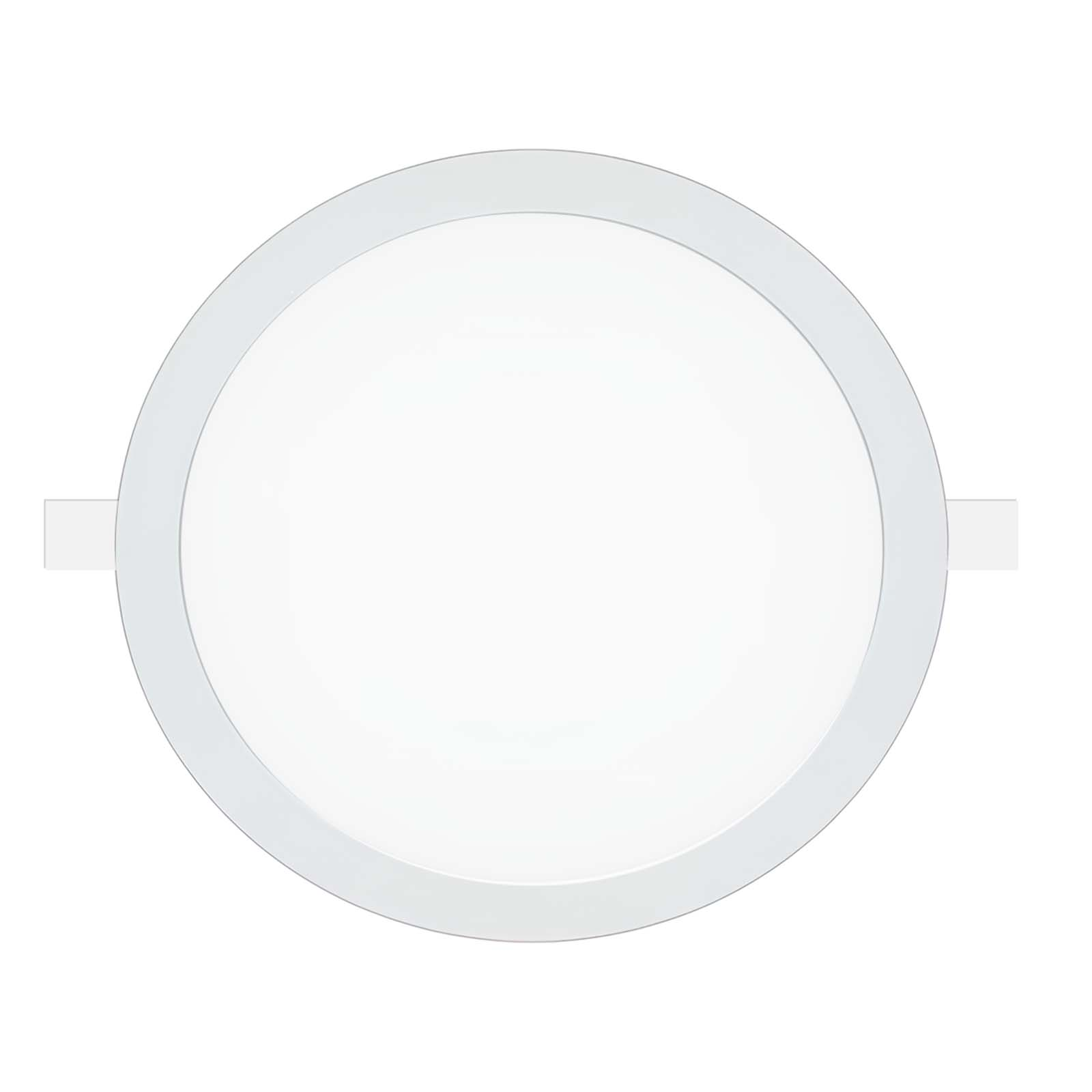 Weiße runde Deckenleuchte mit schmalem silbernem Rand.