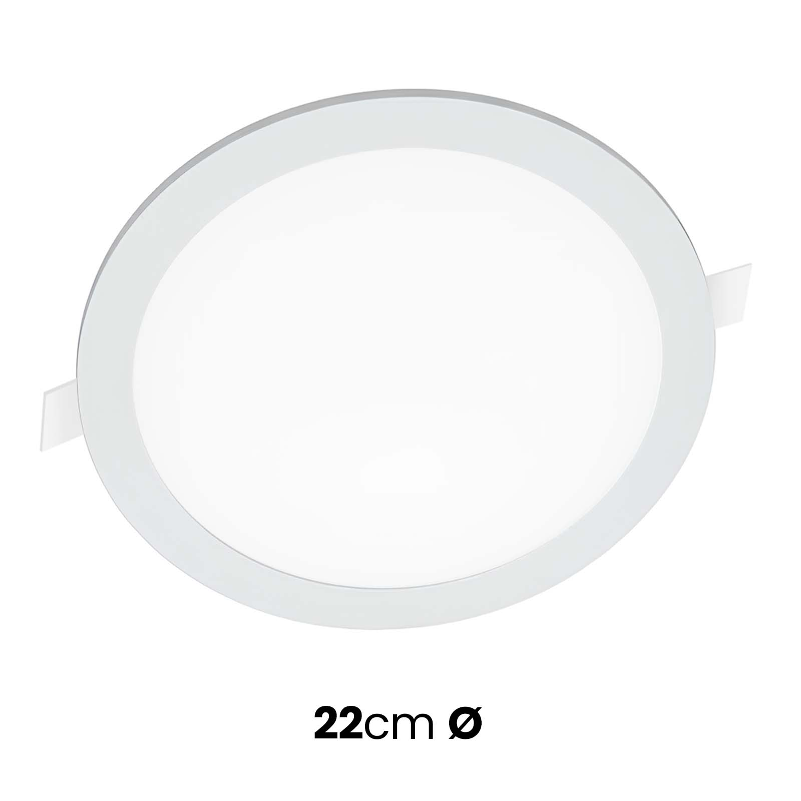 Runde weiße Deckenleuchte mit silbernem Rand, 22 cm Durchmesser.
