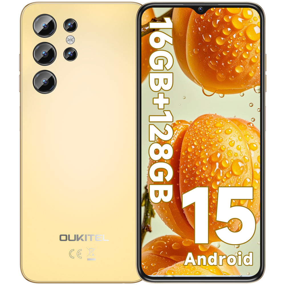 Un smartphone dorado, vistas frontal y trasera, con cámaras y fruta.