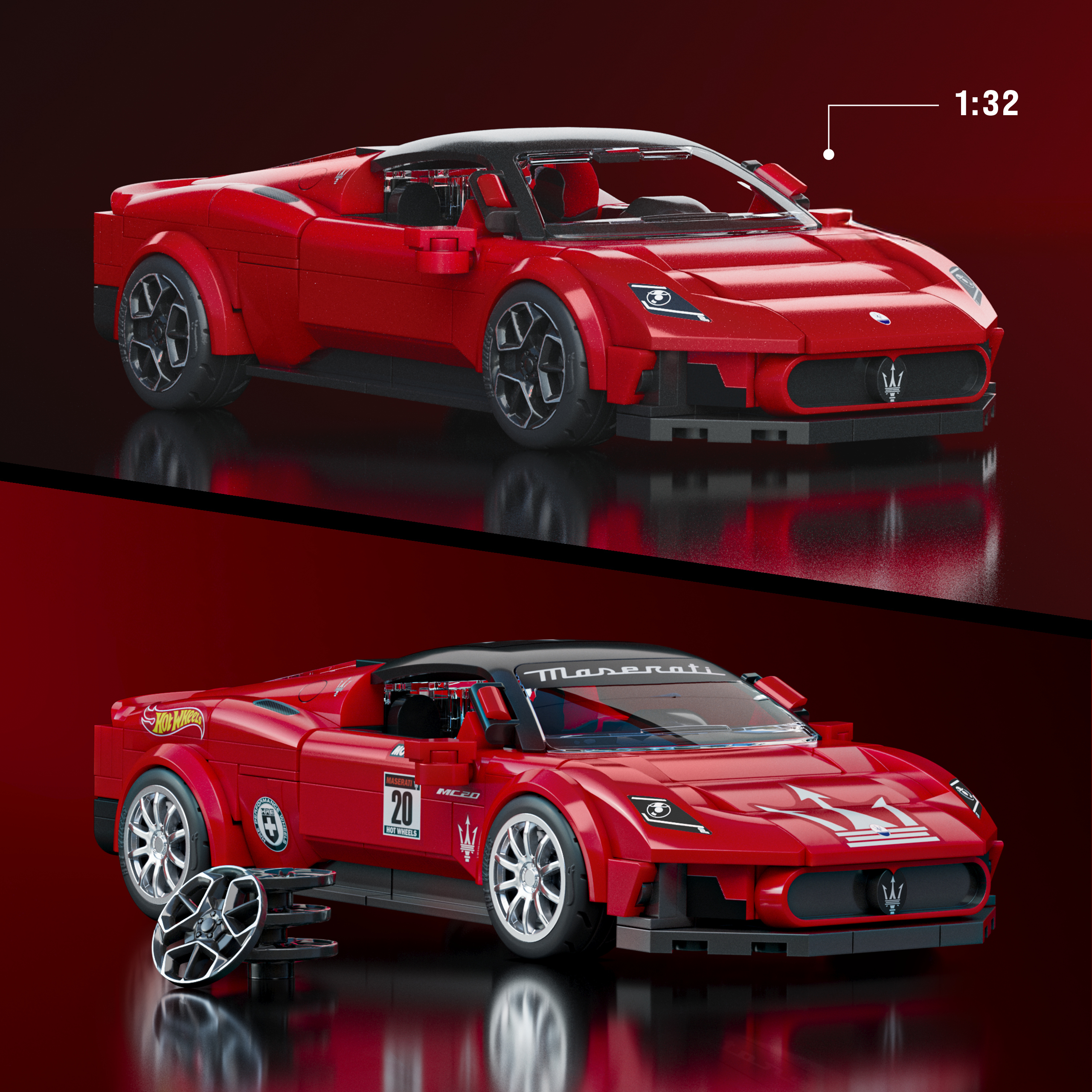 Due auto Maserati Lego rosse in scala 1:32 su sfondo scuro.