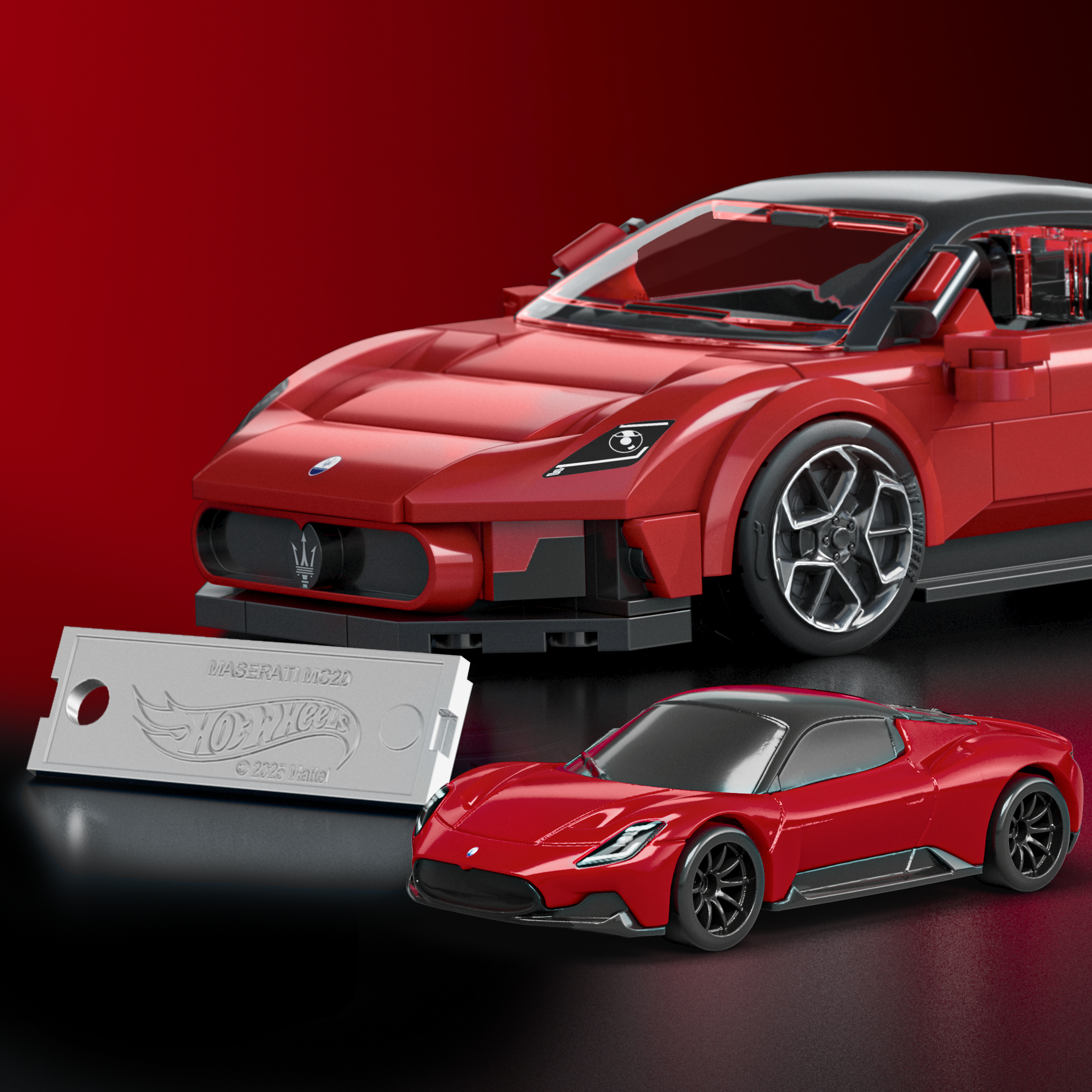 Una Maserati MC20 Lego rossa e una piccola auto modello rossa su sfondo nero.