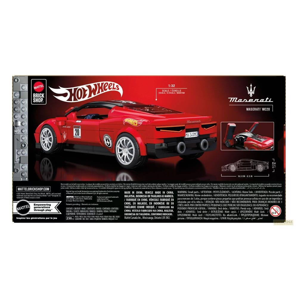 Auto rossa Hot Wheels Lego Maserati MC20 con portiere aperte e confezione dettagliata.