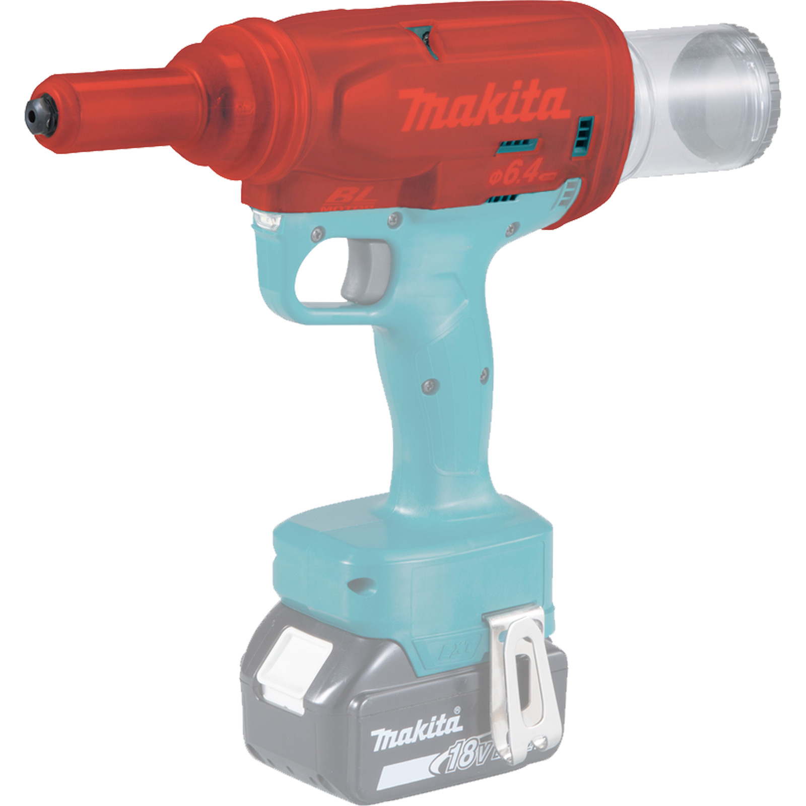Ein roter und türkiser Nietenzieher von Makita mit Akku.