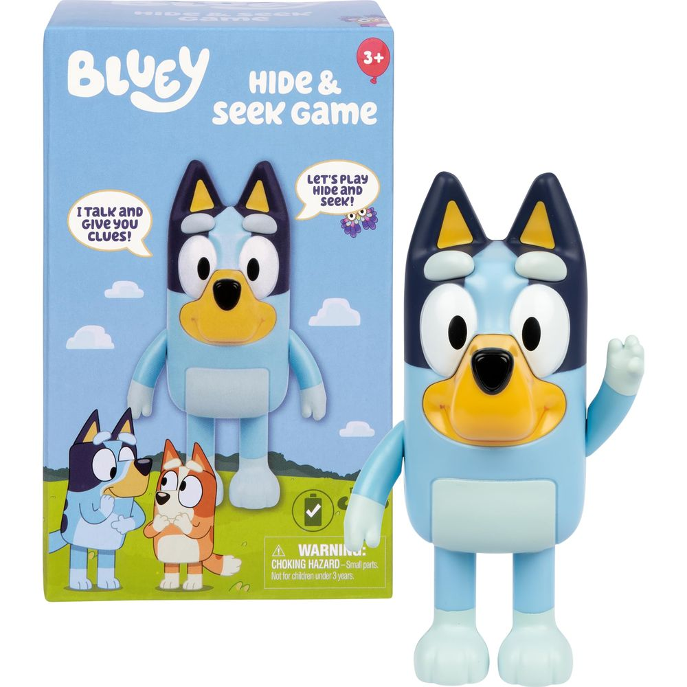 Giocattolo e confezione Bluey con figura di cane, nuvole ed etichetta di avviso.