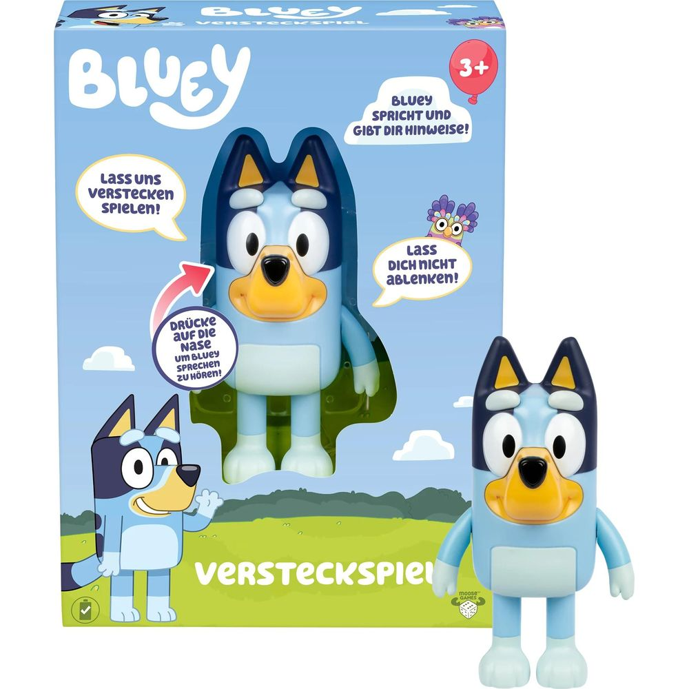 Personaggio giocattolo Bluey e confezione. Bluey parla e dà suggerimenti.