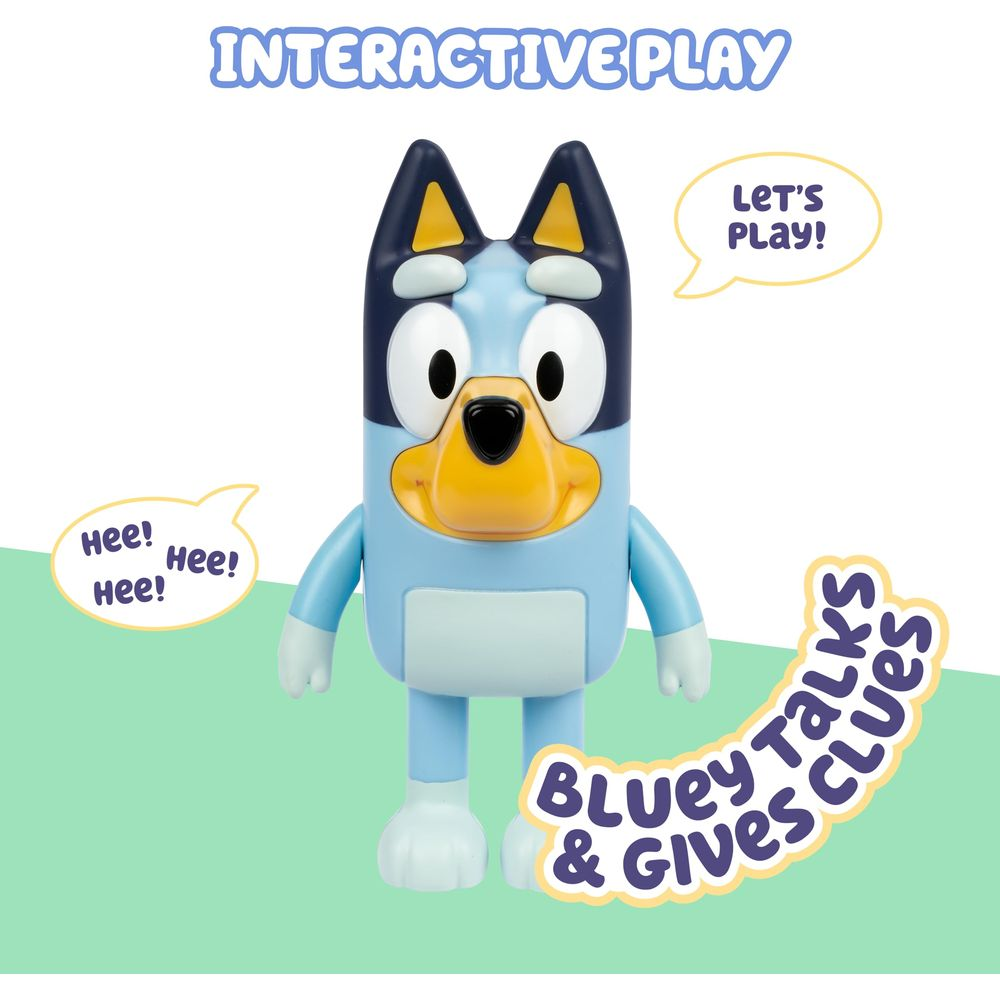 Una figura giocattolo di Bluey con fumetti che dicono "Giochiamo!".