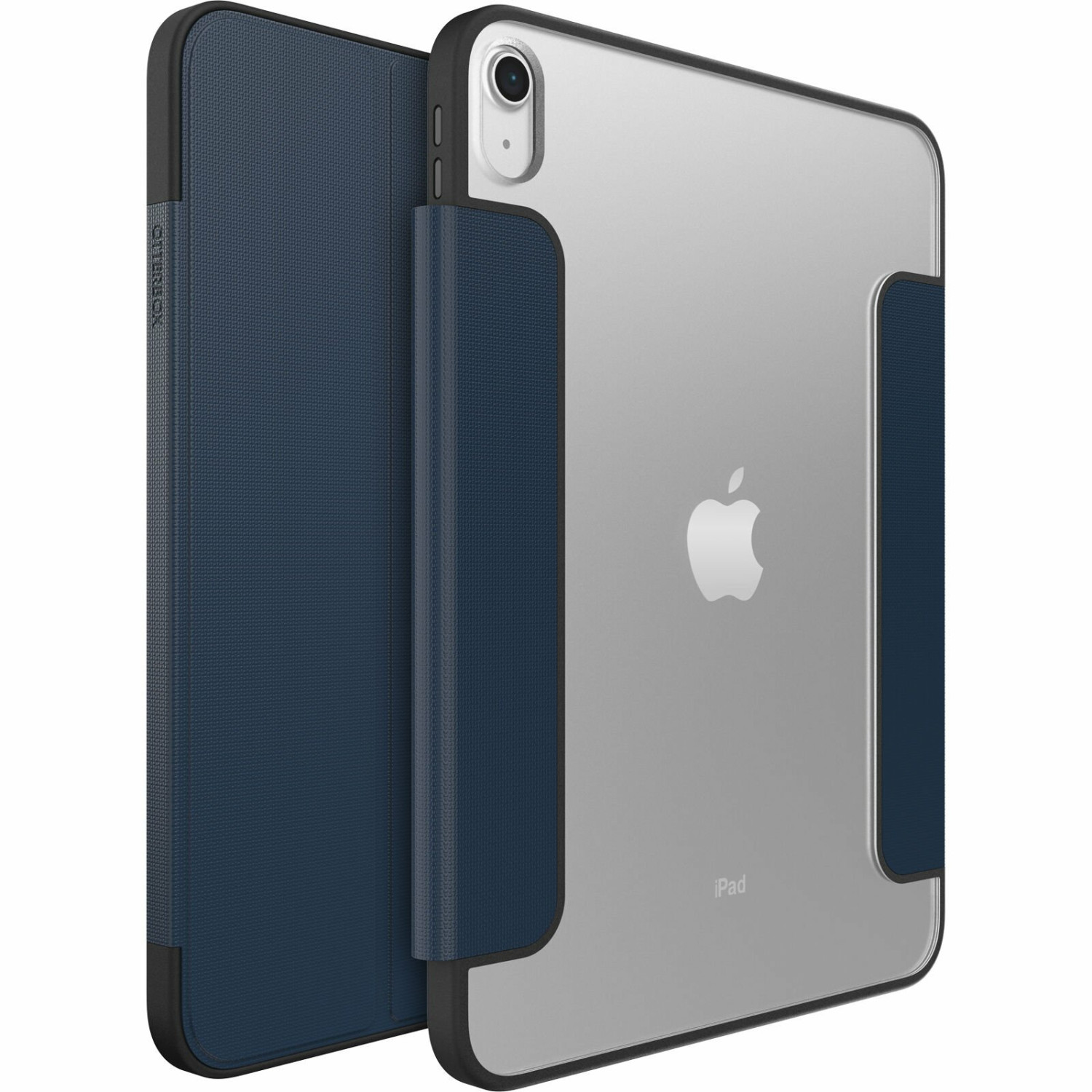 Ein blaues Tablet mit Otterbox-Hülle, das auf einer weißen Fläche liegt.