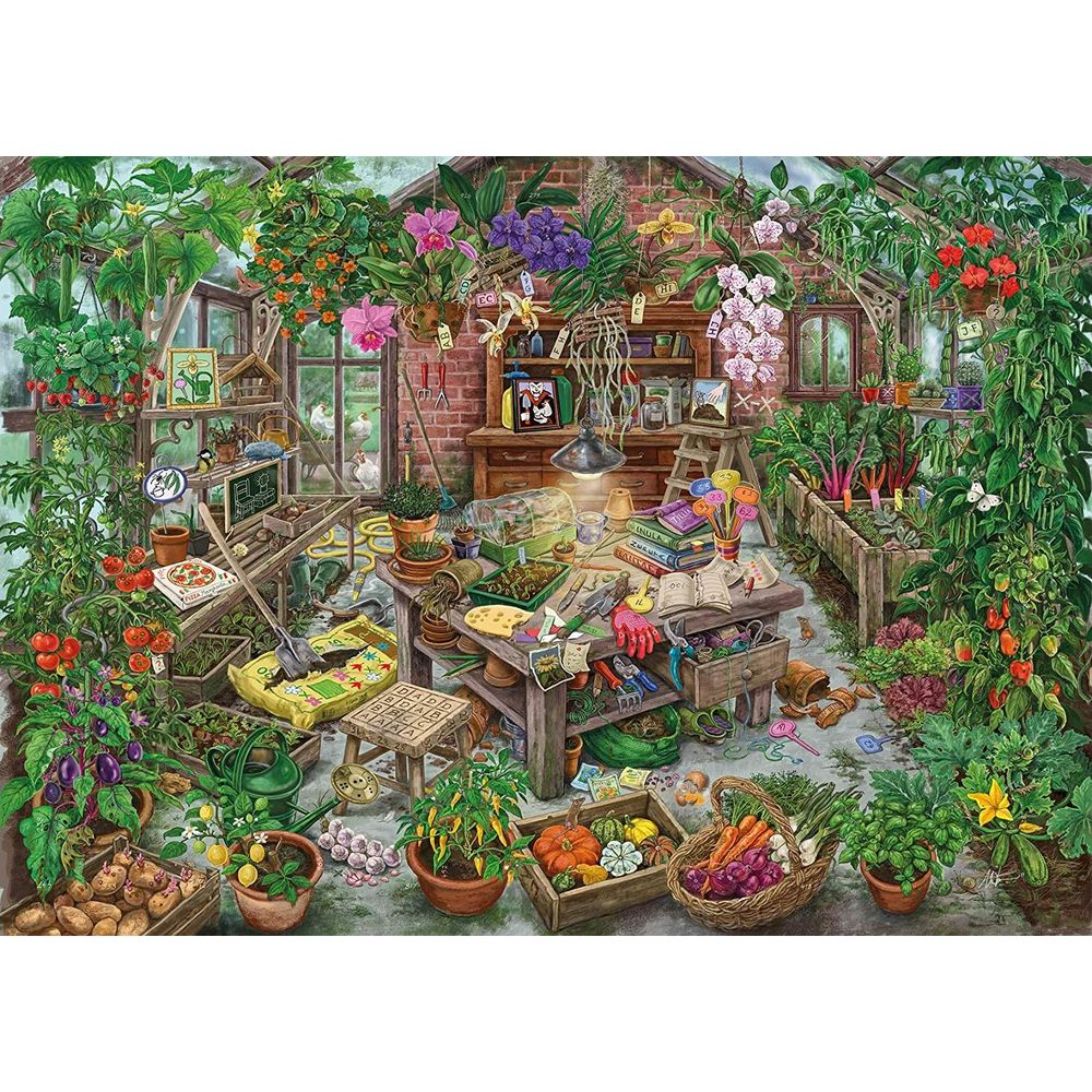 Un espacio de trabajo desordenado en un invernadero con herramientas, plantas, verduras y flores.