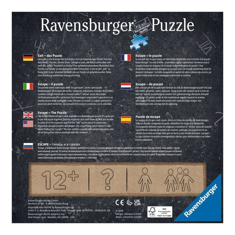 Caja de puzzle Ravensburger con descripciones en varios idiomas y edad 12+.