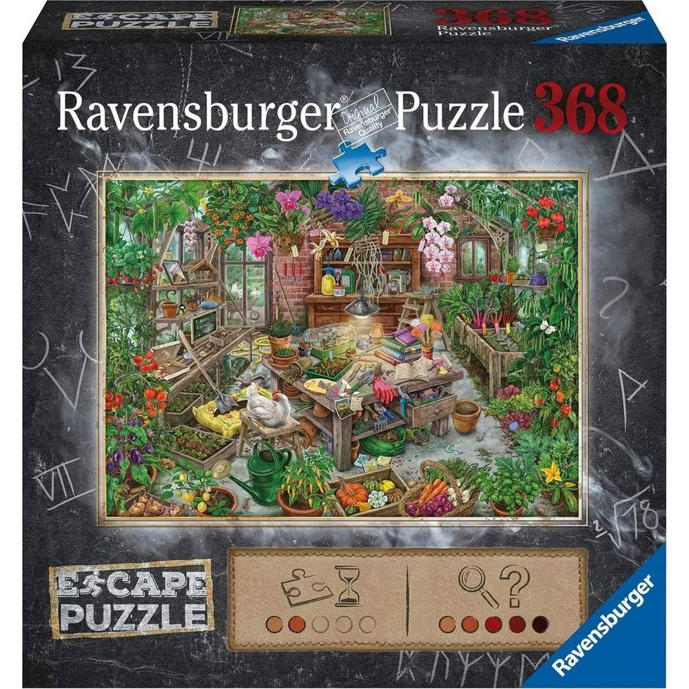 Un invernadero lleno de plantas, herramientas y una gallina. Ravensburger Escape Puzzle.