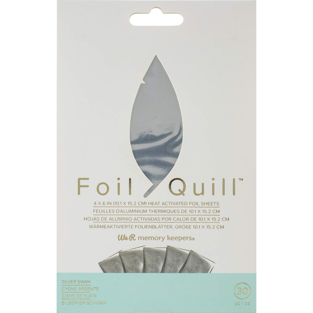 Verpackung für Folienblätter mit silbernem Schwan-Motiv und Blatt-Fenster.
