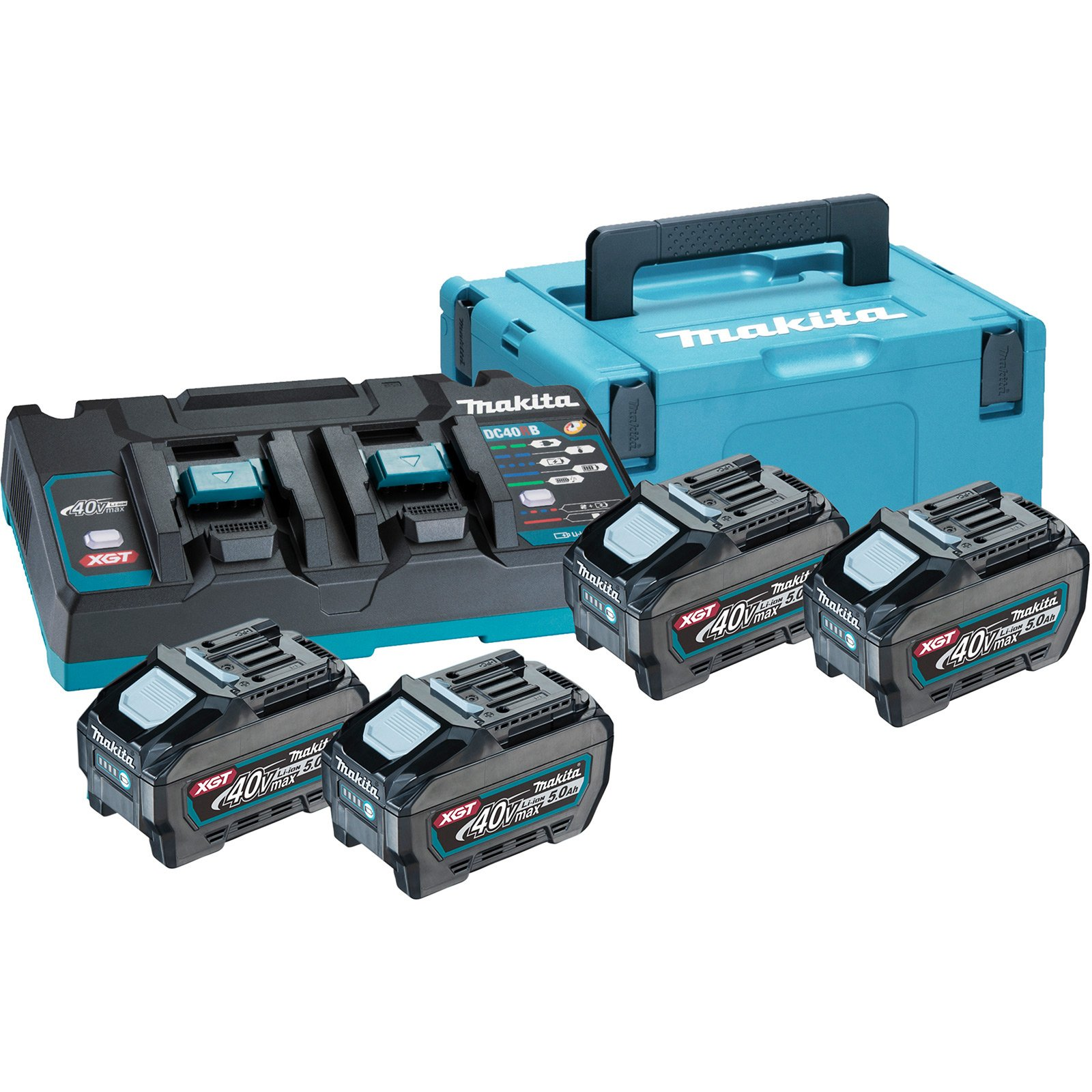 Makita Doppel-Ladegerät mit drei 40V 5.0Ah Akkus und blauem Koffer.