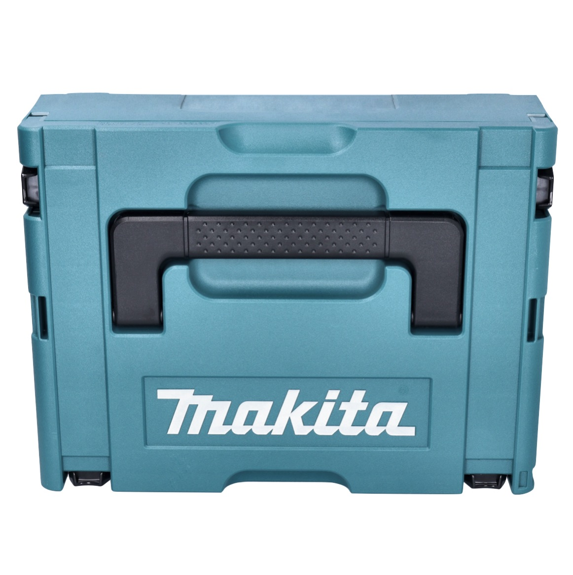Ein türkisfarbener Werkzeugkasten mit schwarzem Griff und Makita-Logo.