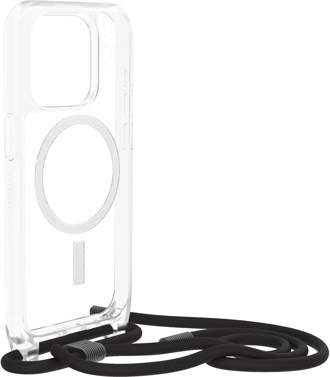 Transparente Handyhülle mit schwarzer Lanyard-Schlaufe, MagSafe-Ring sichtbar.