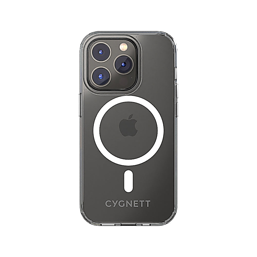 Transparente Handyhülle mit drei Kameras, Apple-Logo und "CYGNETT"-Schriftzug.