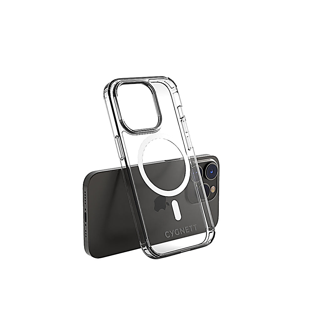 Eine durchsichtige Handyhülle mit magnetischem Ring zum Aufladen liegt über einem dunklen Smartphone.