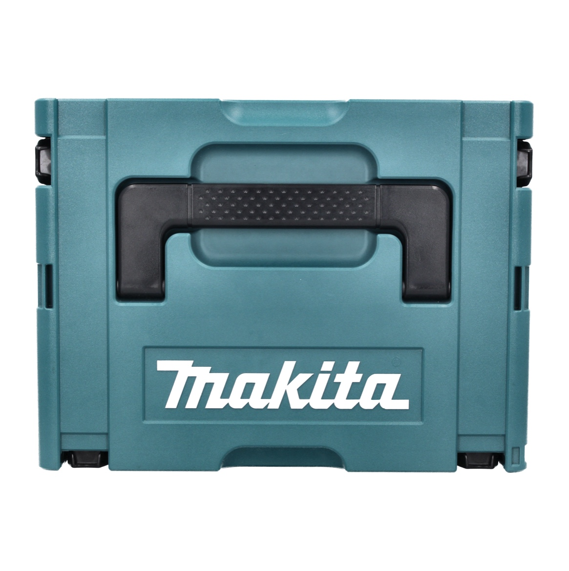 Ein türkisfarbener Makita-Werkzeugkasten mit schwarzem Griff und weißem Logo.