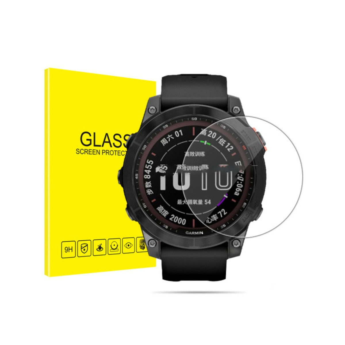 Czarny smartwatch obok żółtego opakowania na ochraniacz ekranu.