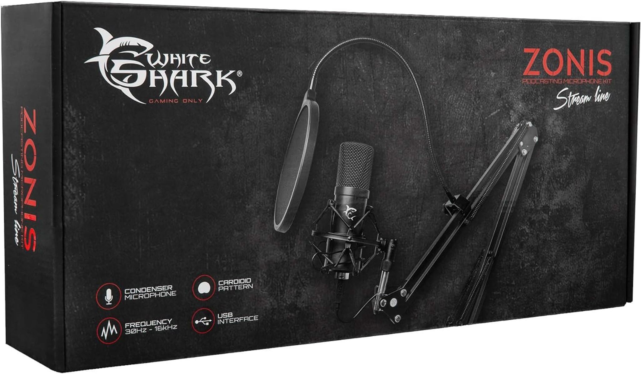 Verpackung eines White Shark ZONIS Gaming Kondensatormikrofons mit Zubehör.