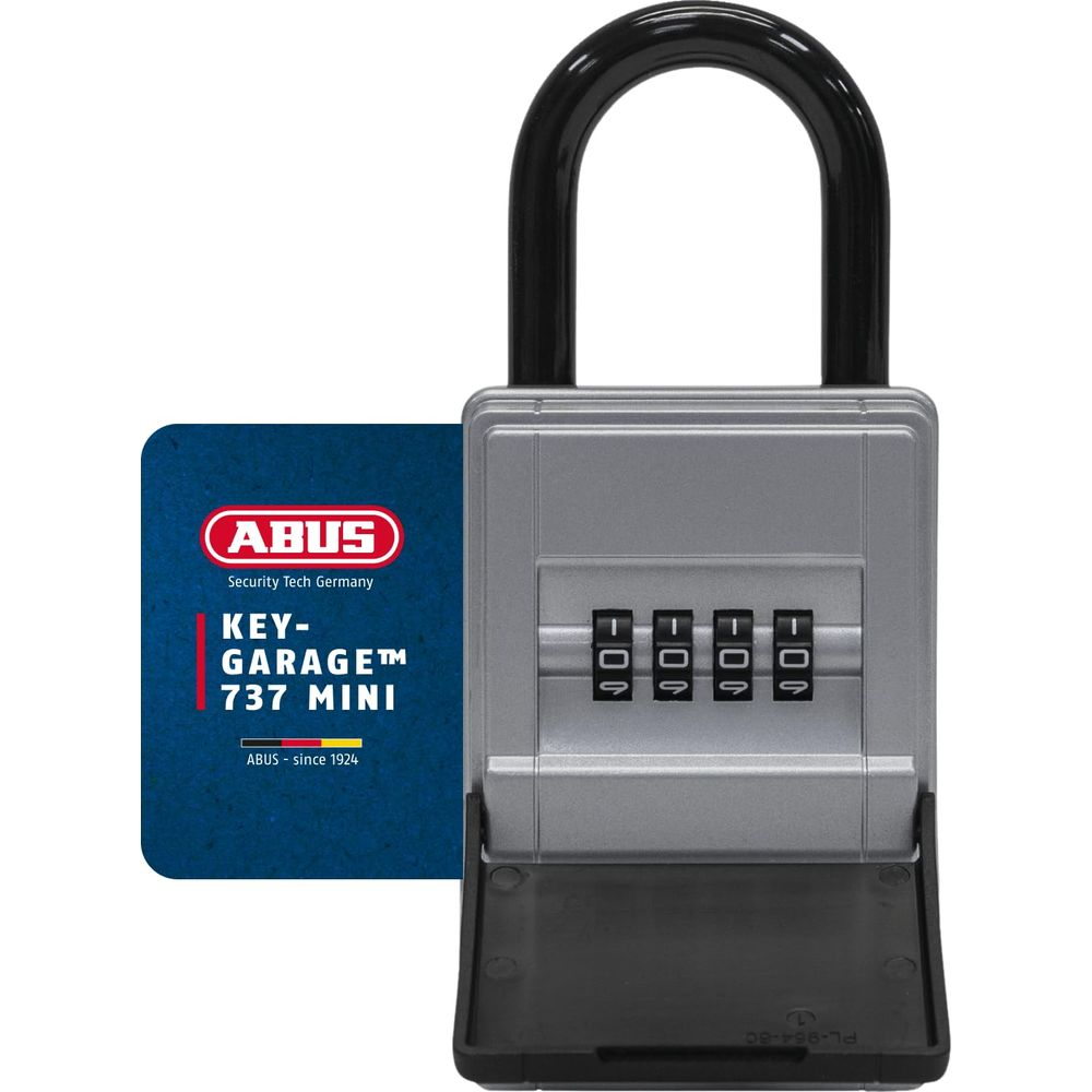 Grauer Schlüsseltresor mit Zahlenschloss und schwarzem Bügel. ABUS-Logo und Produktname.