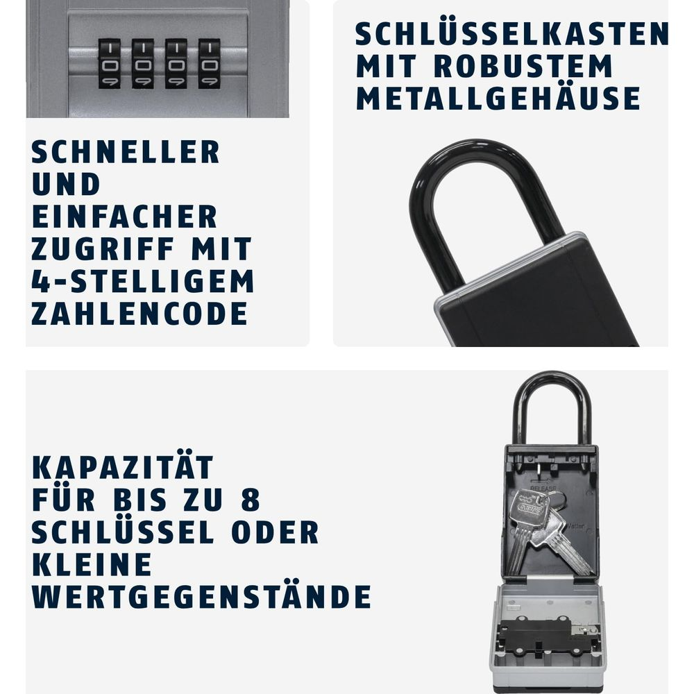 Ein Schlüsselsafe mit 4-stelligem Zahlencode, robustem Metallgehäuse und Platz für 8 Schlüssel.