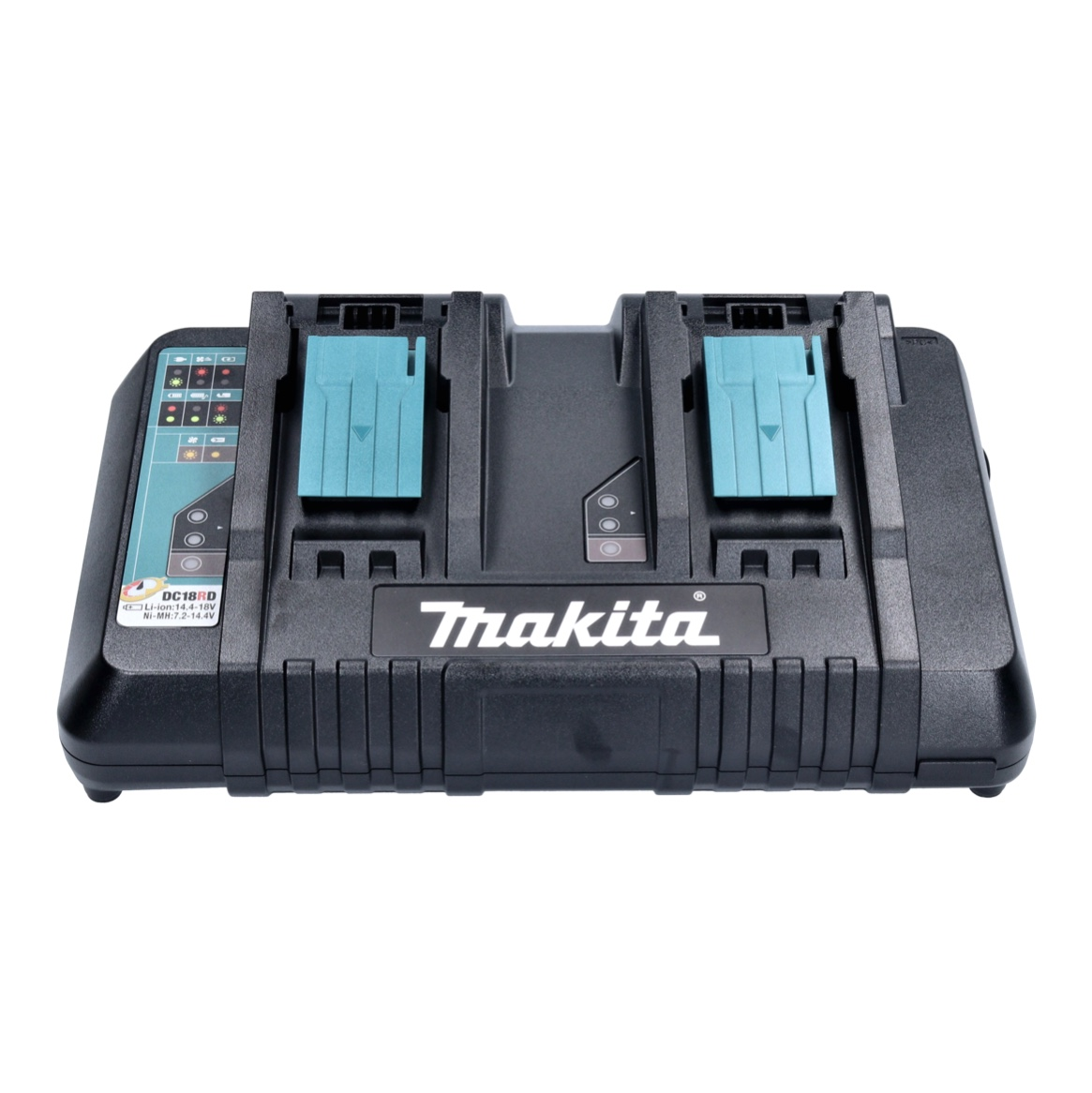 Ein schwarzes Makita-Ladegerät mit zwei
Ladebuchten und blauen Akzenten.