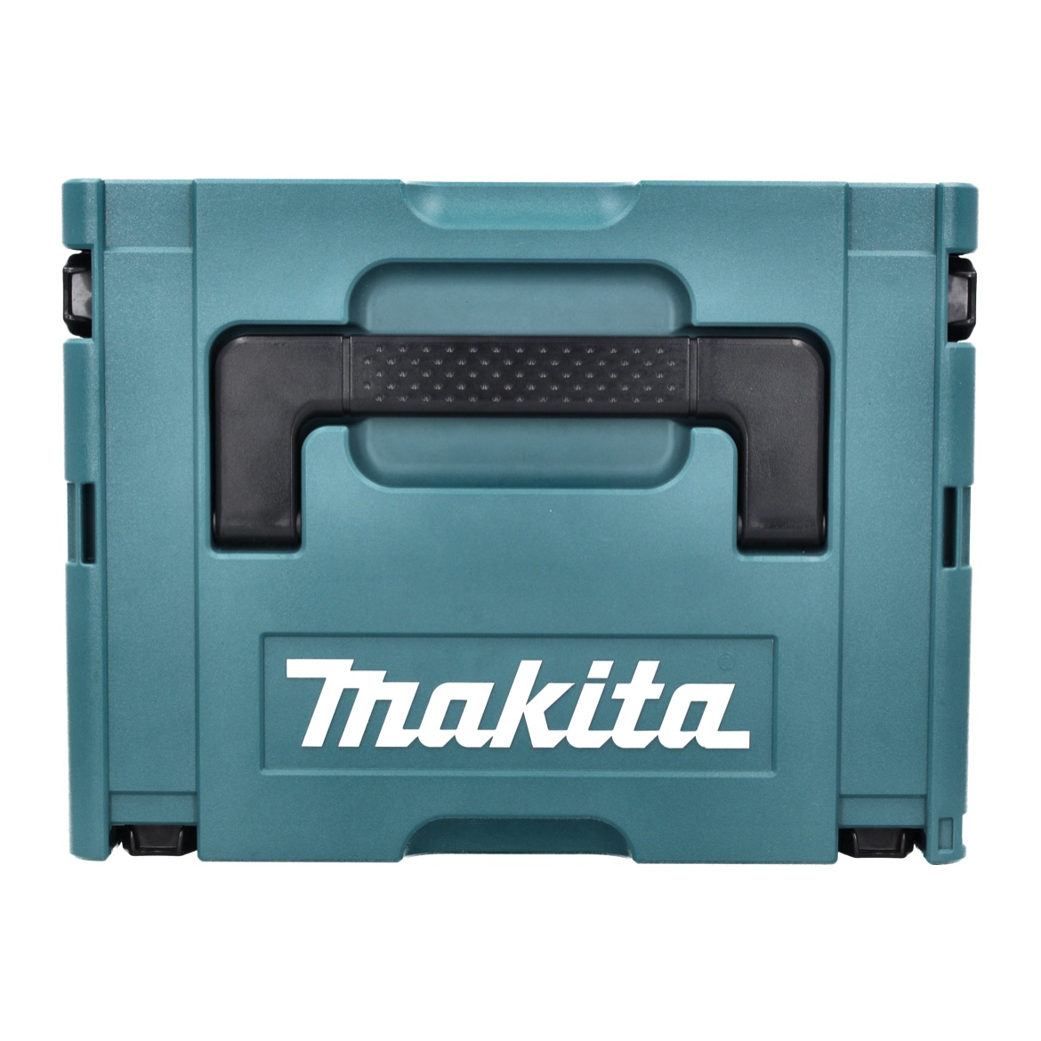 Ein teal Makita Aufbewahrungskoffer mit schwarzem Griff und Logo.