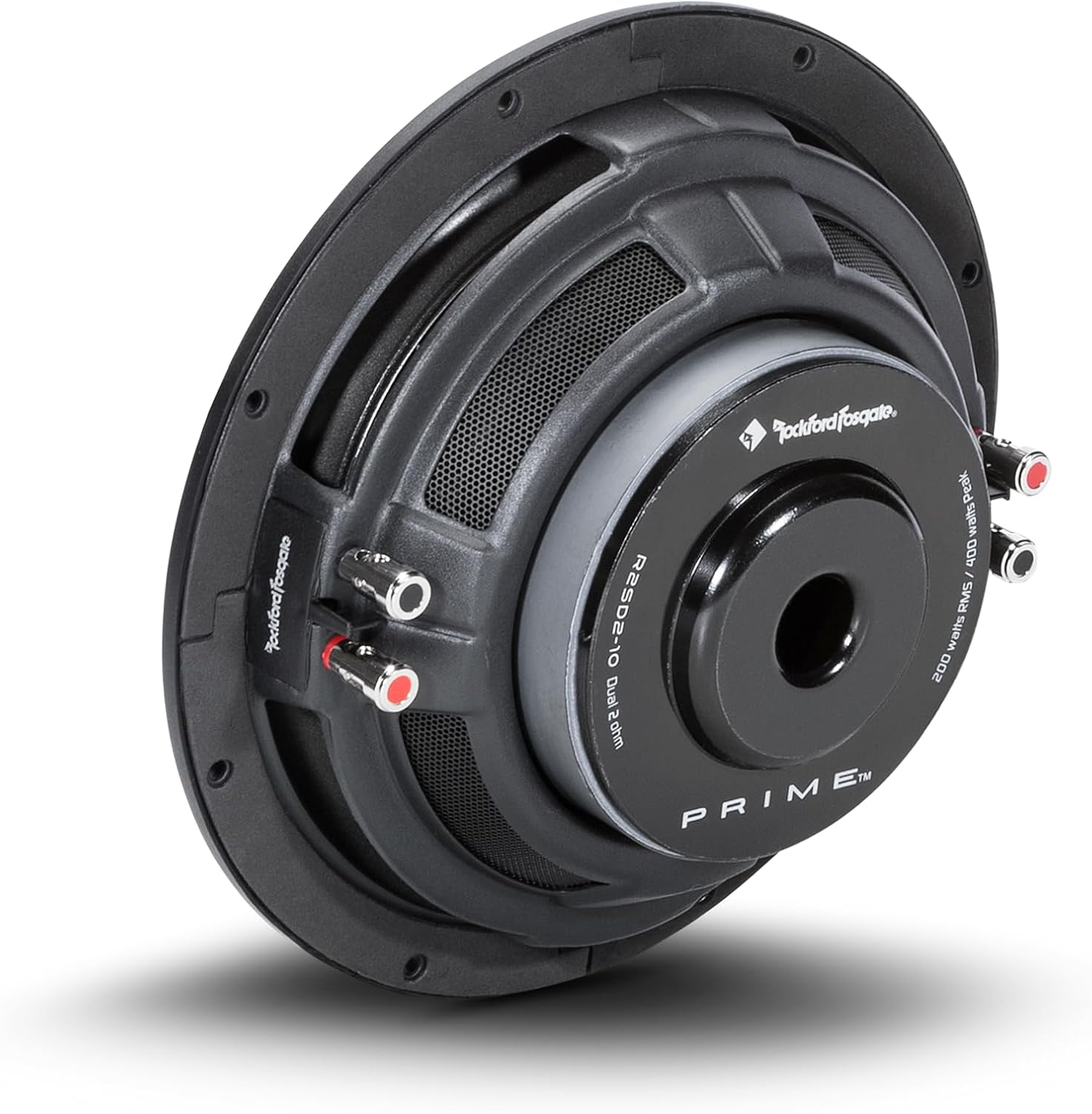Schwarzer Subwoofer mit Rockford Fosgate Logo, 200W RMS.