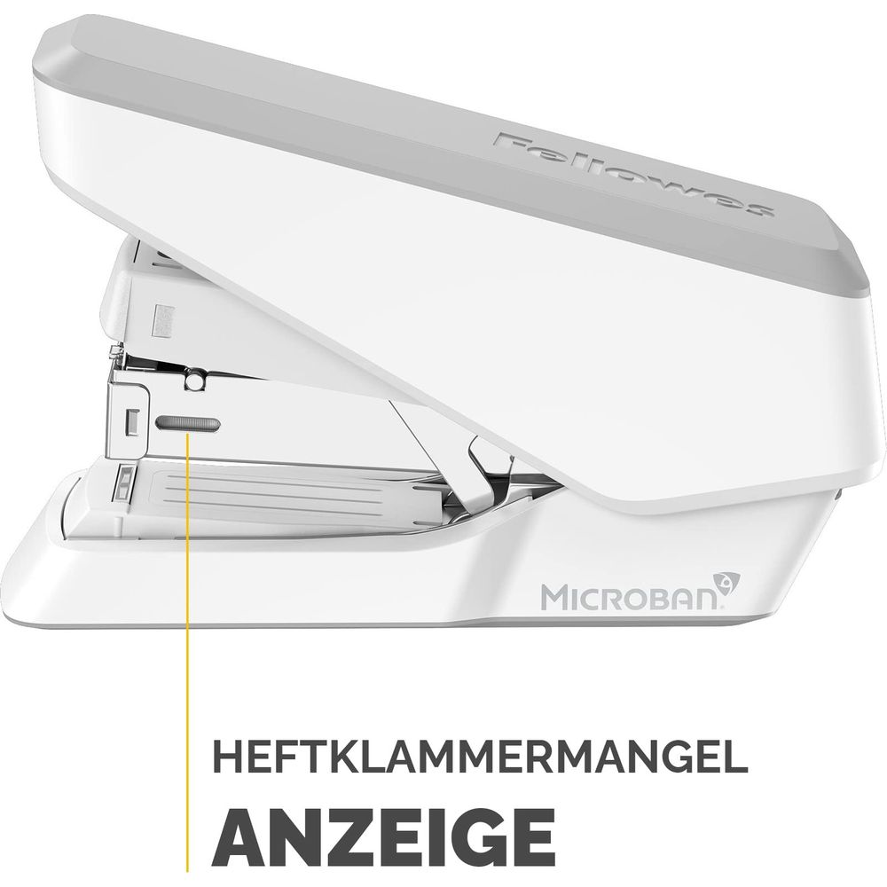 Ein weißer und grauer Fellowes-Hefter mit Microban-Technologie, zeigt Anzeigefeld.