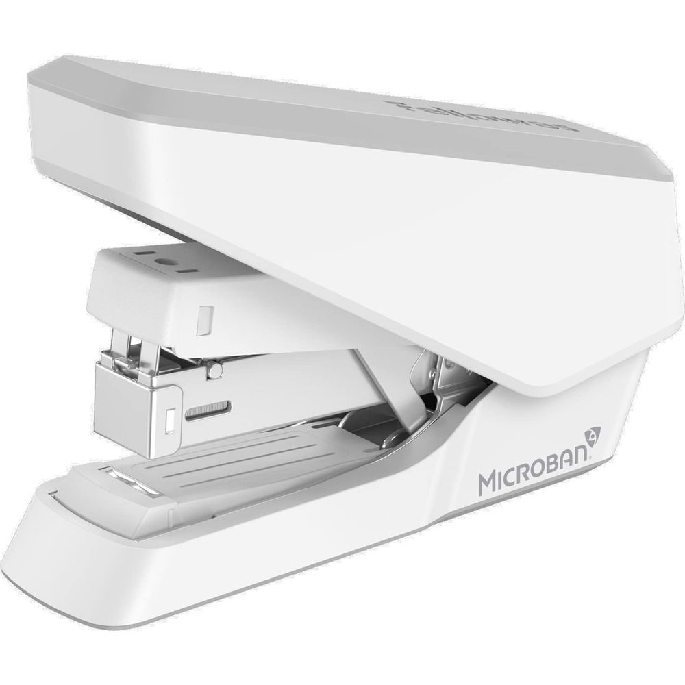 Ein weißer und grauer Stapler mit dem Logo "Microban".