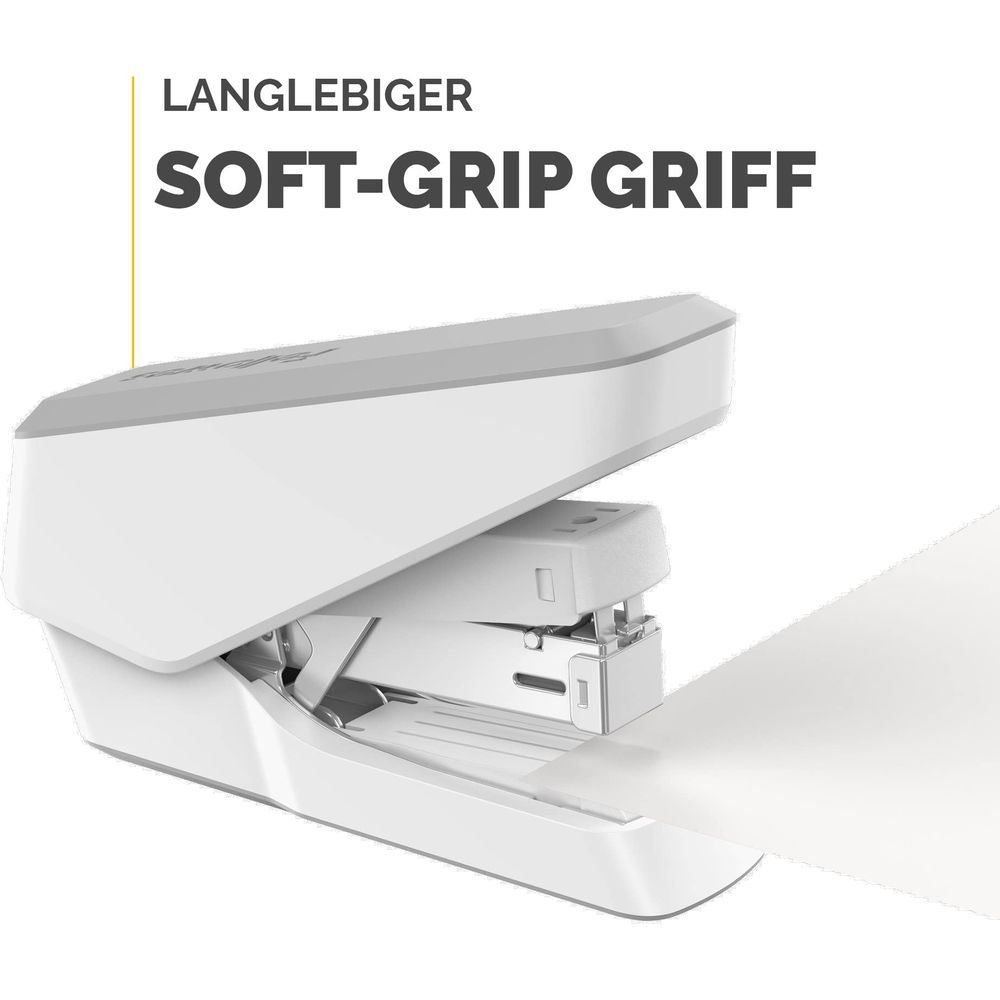 Weißer Hefter mit Text „LANGLEBIGER SOFT-GRIP GRIFF“ auf weißem Grund.