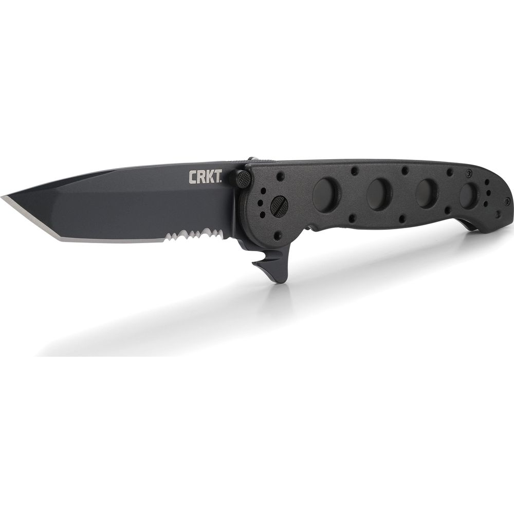 Ein schwarzes Klappmesser mit gezackter Klinge und dem CRKT-Logo.