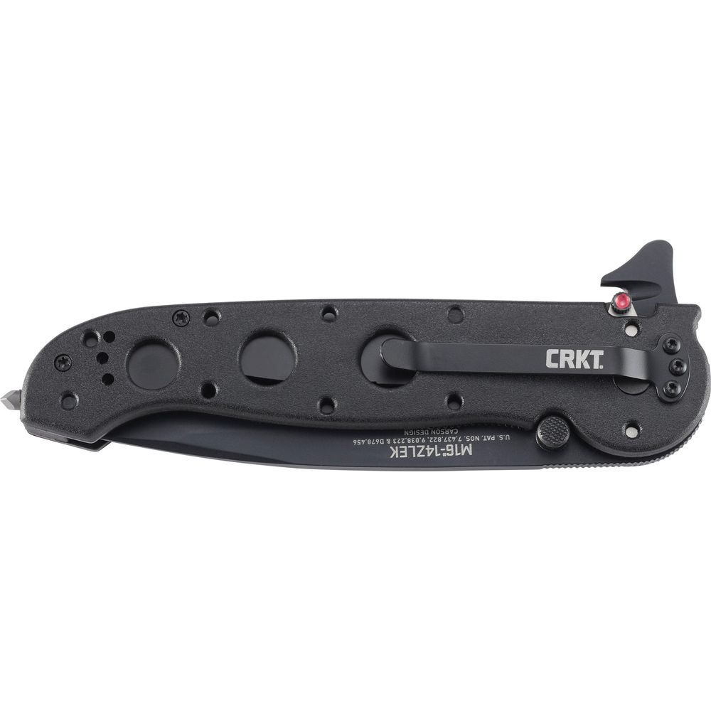 Schwarzes CRKT Klappmesser mit Taschenclip und roter Sicherung. Modell M16-14LEK.