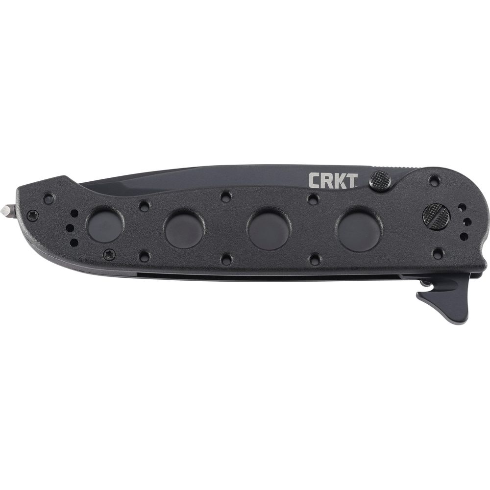 Ein geschlossenes schwarzes Klappmesser mit dem CRKT-Logo auf dem Griff.