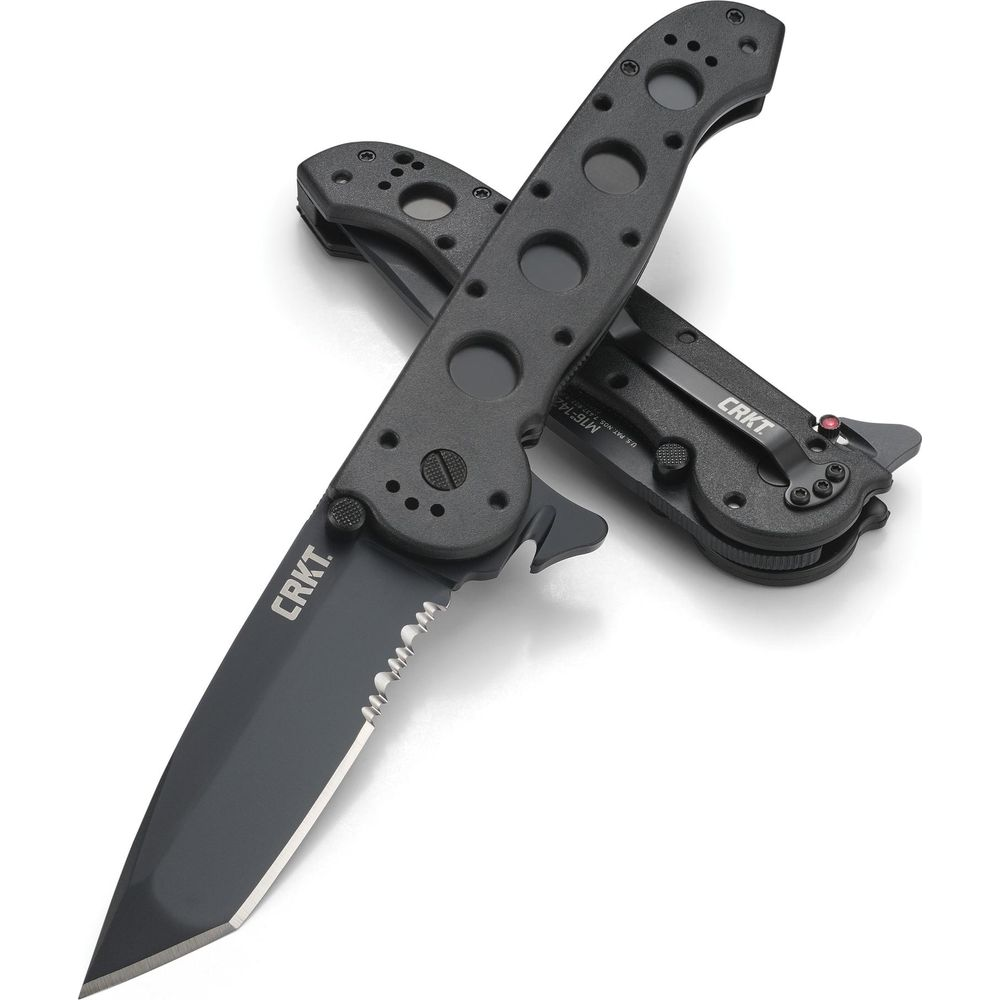 Zwei schwarze Klappmesser mit gezackter Klinge und Löchern im Griff.