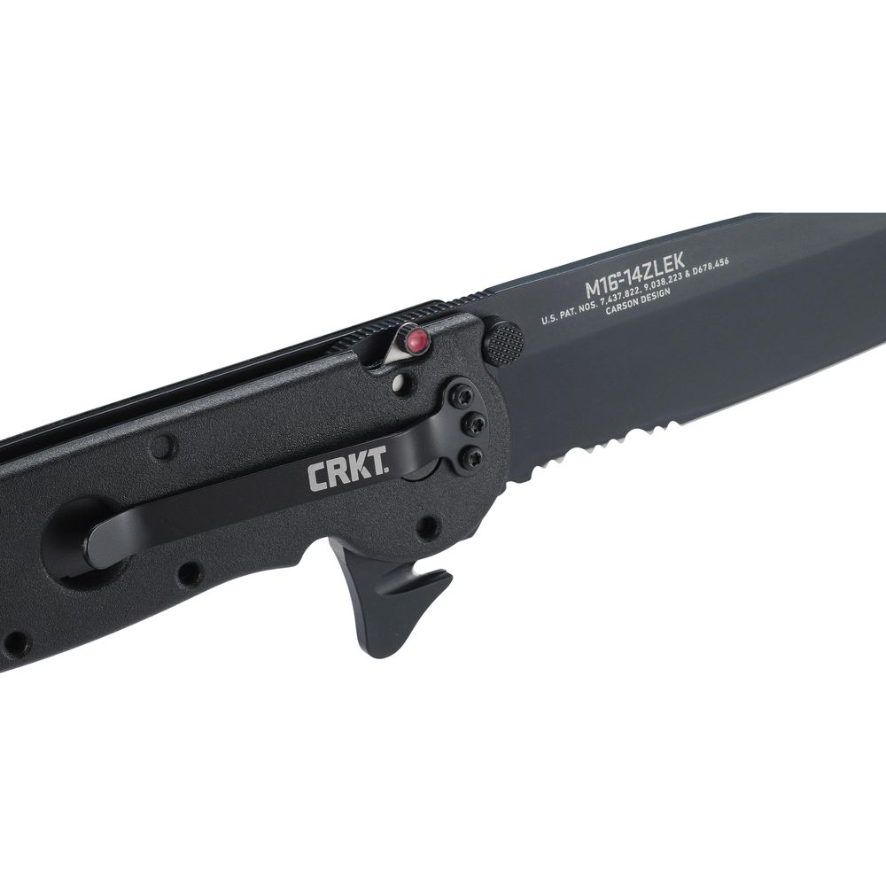 Schwarzes Klappmesser mit gezackter Klinge und CRKT-Logo.