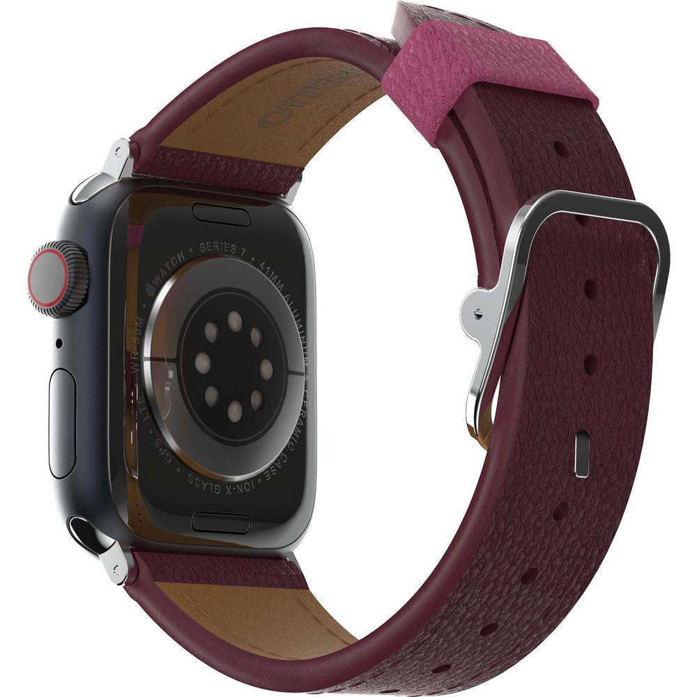 Smartwatch grigio scuro con cinturino in pelle rosso scuro e fibbia in metallo.