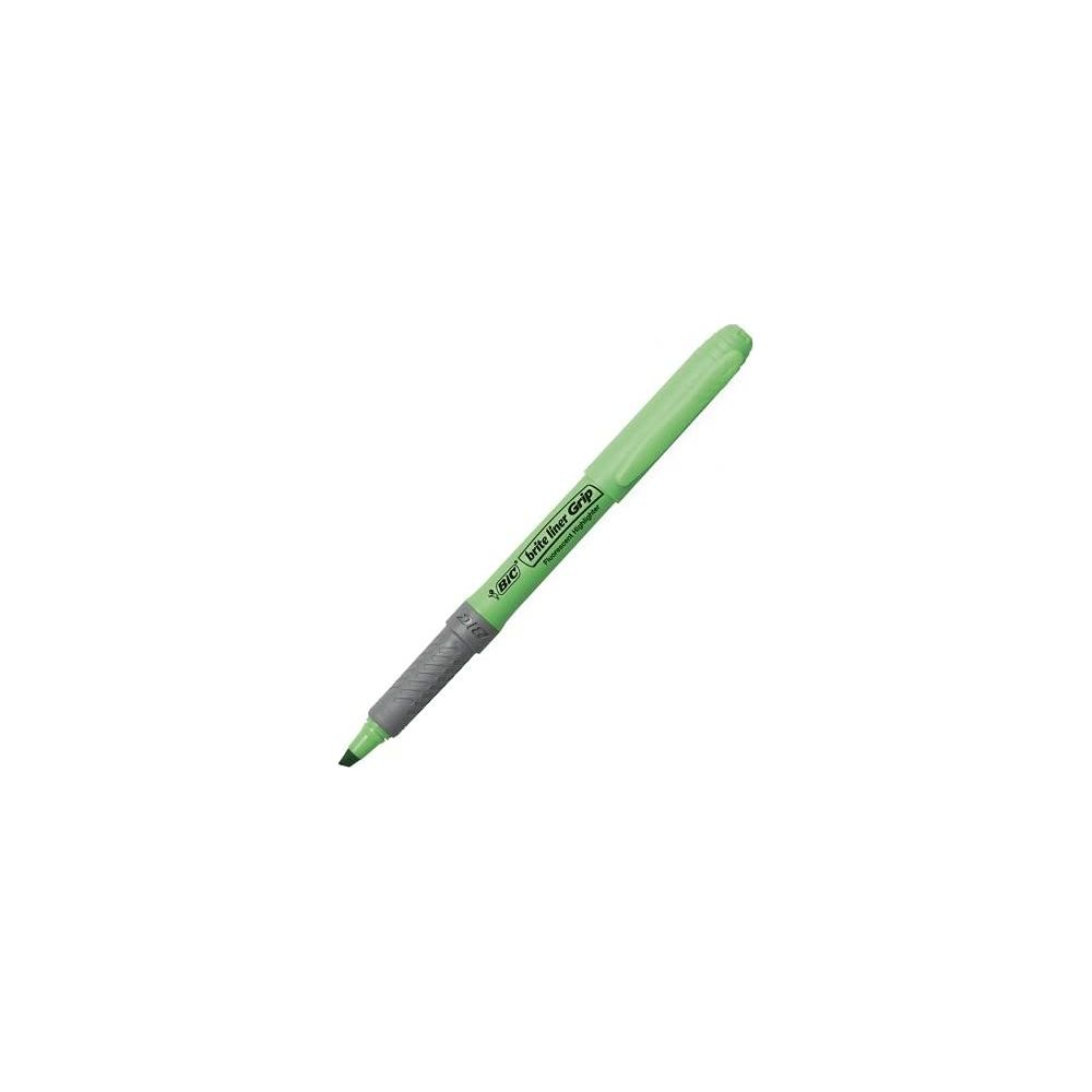 Ein heller, grüner BIC Brite Liner Grip Textmarker liegt diagonal auf weißem Grund.