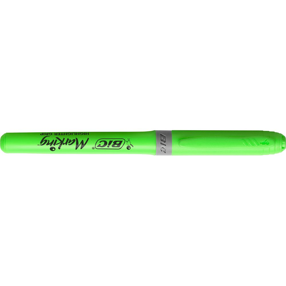 Ein leuchtgrüner BIC Marker mit schwarzem Schriftzug und silbernem Band.
