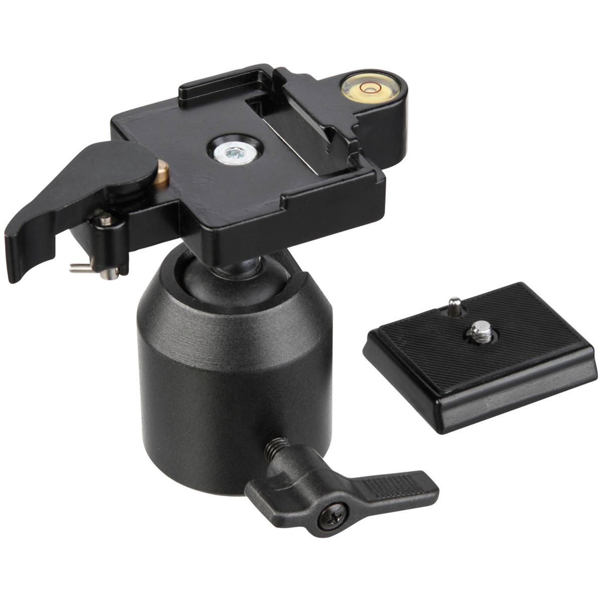 Una testa per treppiede nera con piastra a sgancio rapido e piastra fotocamera separata.