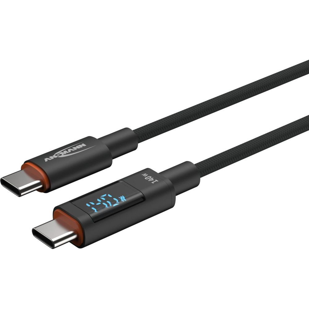 Ein schwarzes Ansmann USB-C-Kabel mit Digitalanzeige '140W'.
