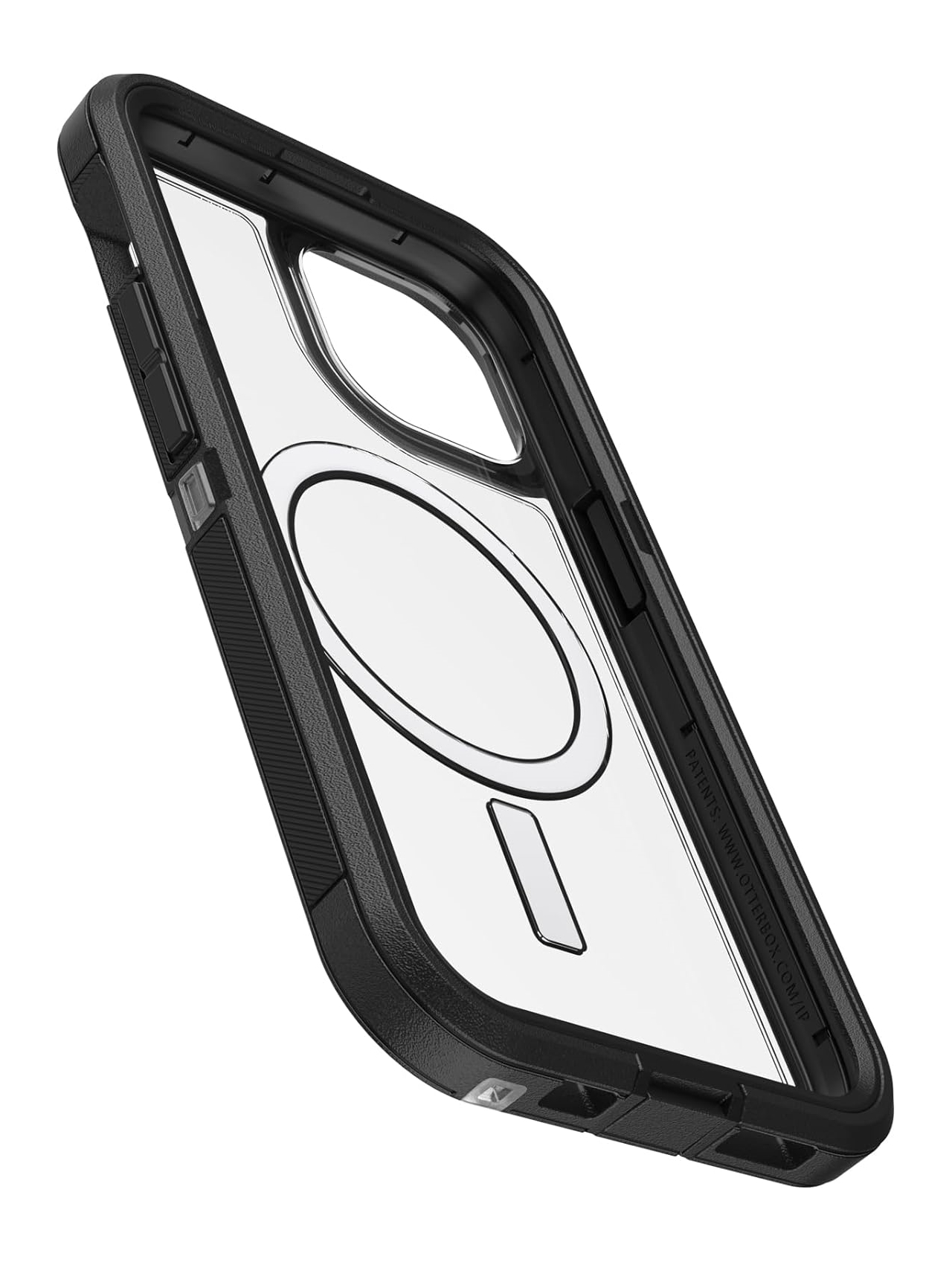 Transparente Handyhülle mit schwarzem Stoßfänger, zeigt Magnetkreis und Ausschnitt.