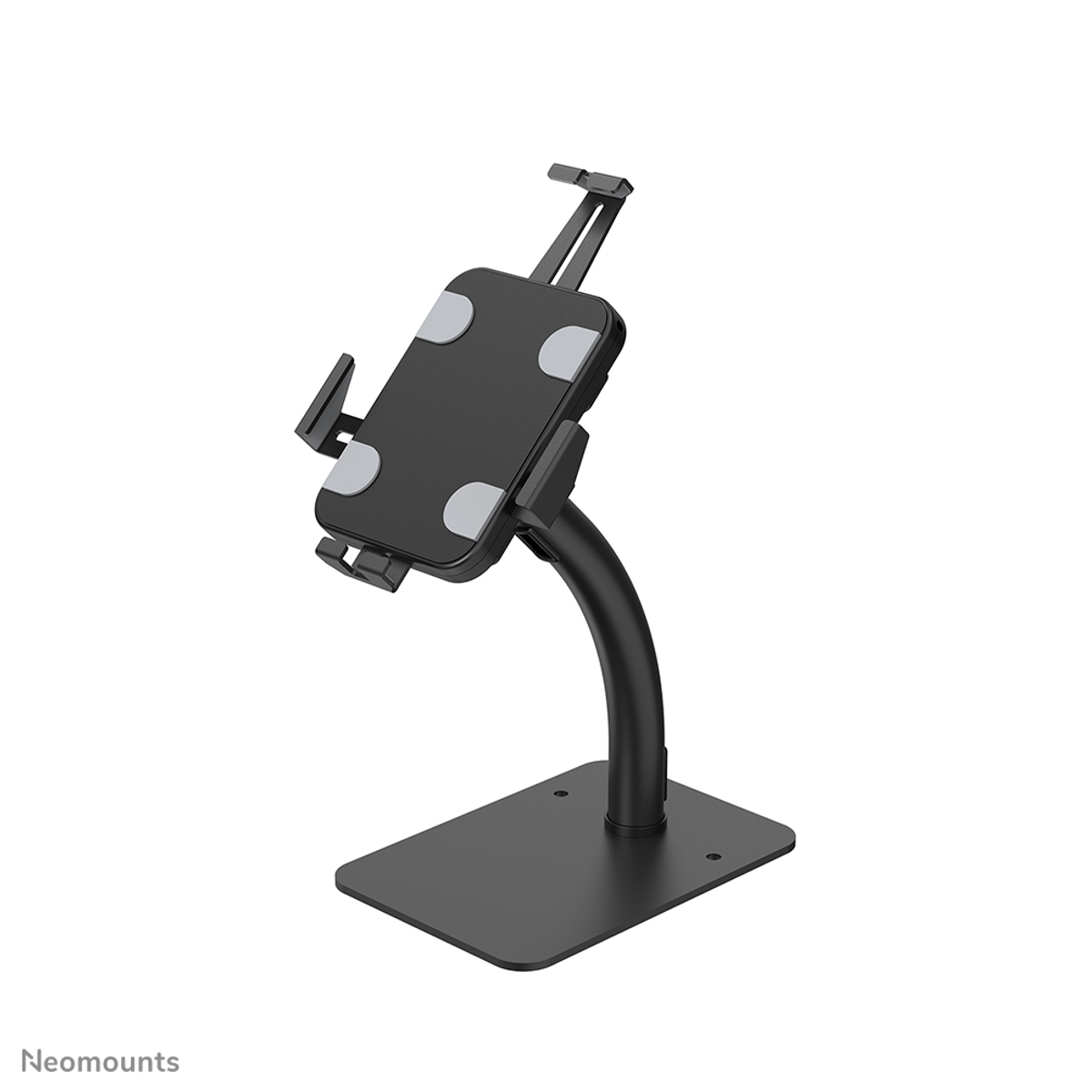 Black adjustable tablet stand with a curved neck and square base.