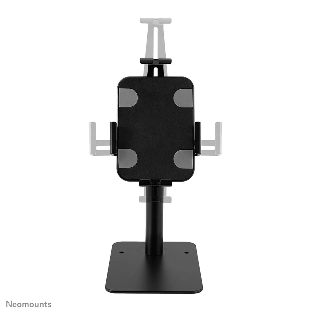 A black tablet stand with adjustable arms on a rectangular base.